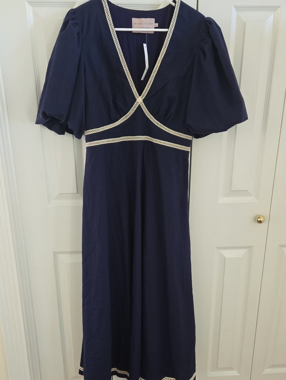 White Closet Navy Linen Blend V‑Neck Maxi Dress Cream Trim